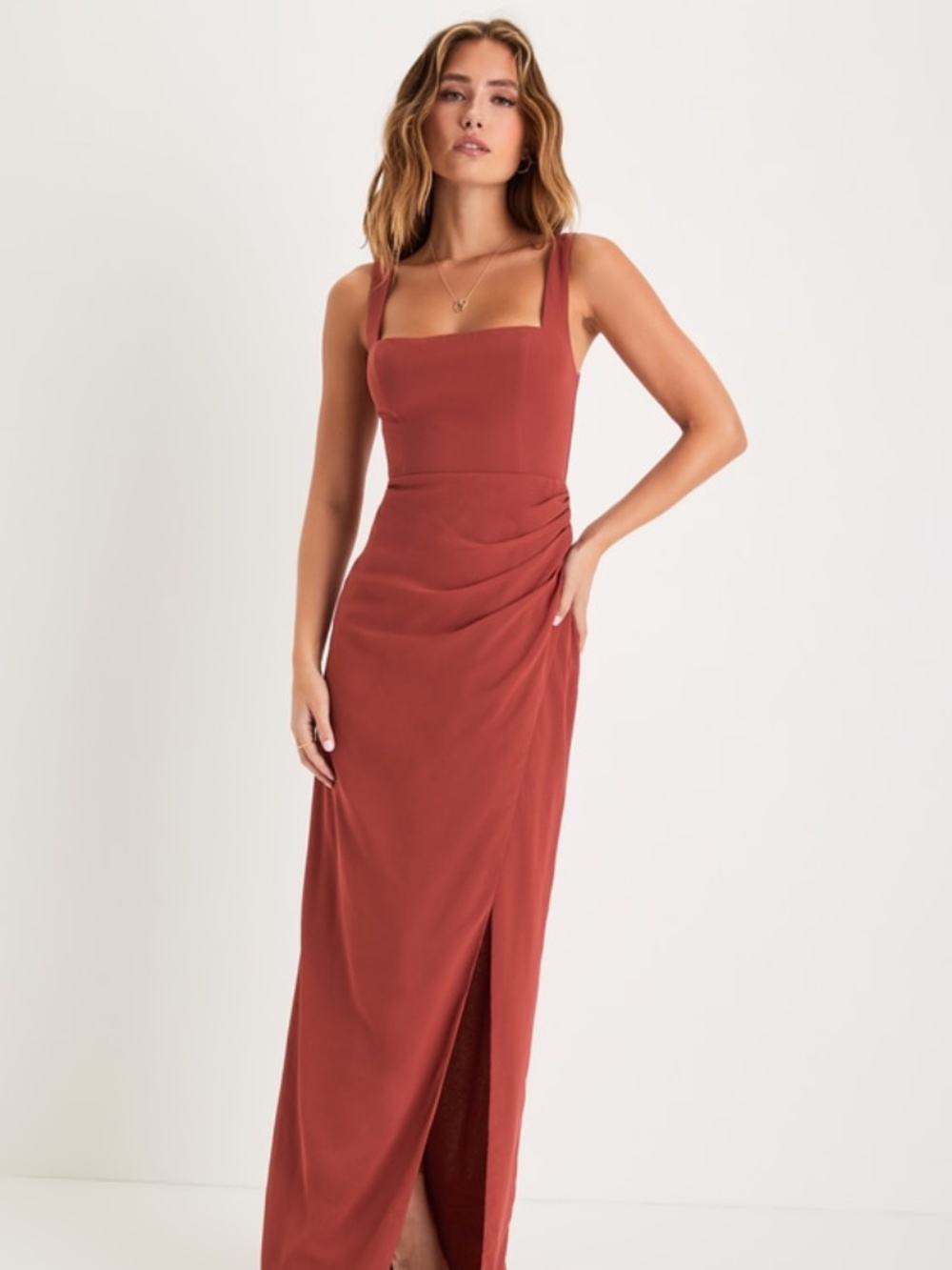 Lulus Glamorous Disposition Rust Ruched Maxi Dress Orange - Size M